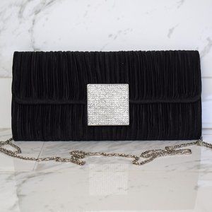 Black Satin Ruched Pleated Rhinestone Clutch